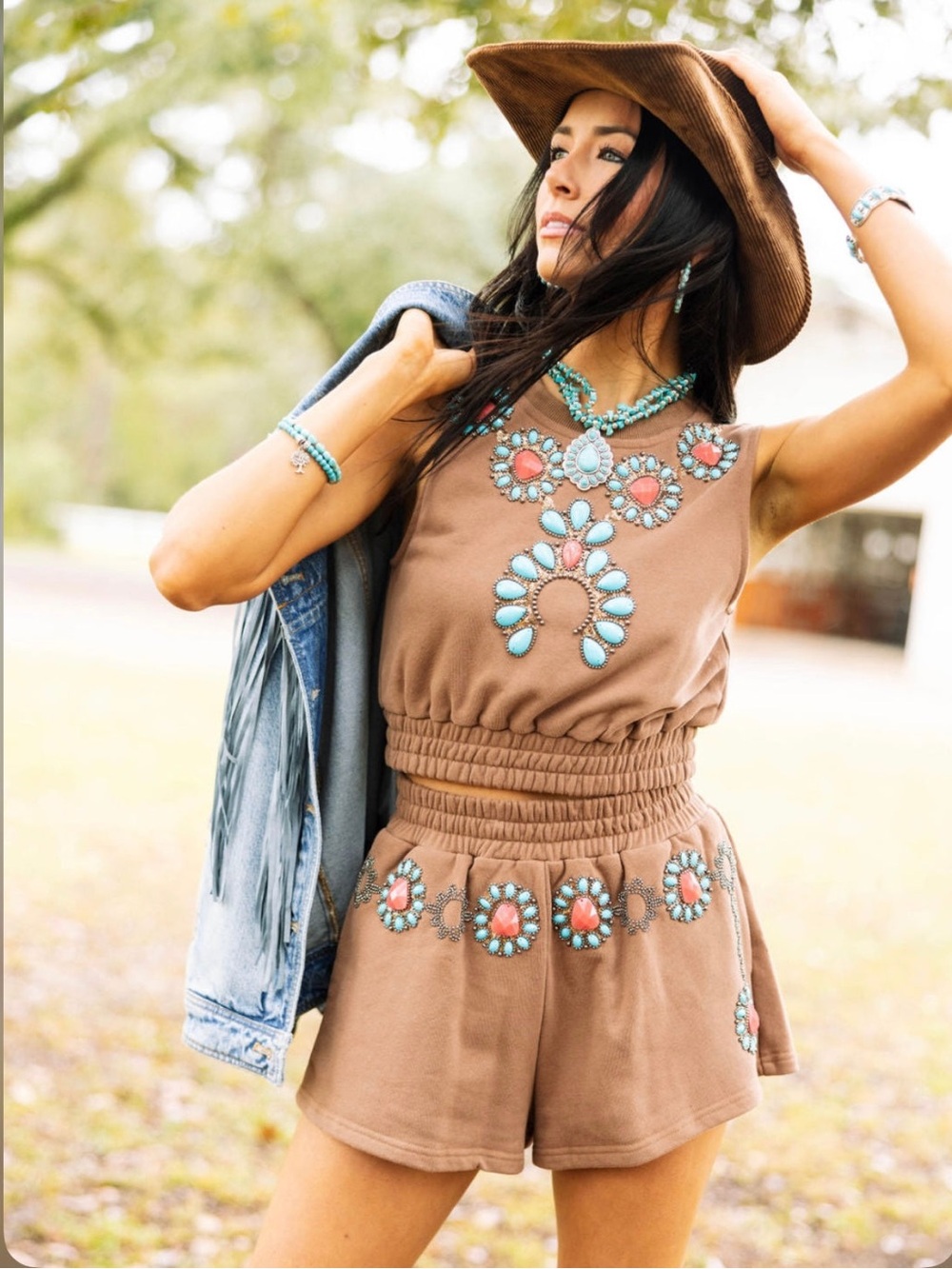 Queen of sparkles Brown Sleeveless Top new! Small turquoise western rodeo - Picture 2 of 3